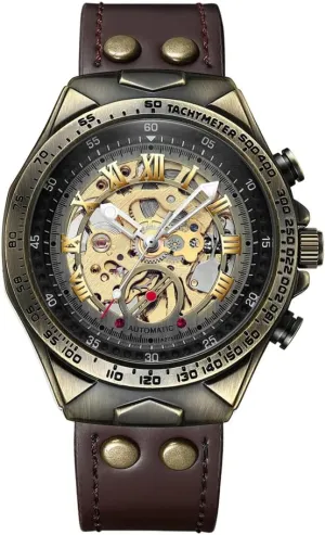 Watch 3D Vintage Roman Numeral fragment tempera Dial, Luminous Genuine Leather Strap Wristwatch Retro Bronze Bezel Automatic Mechanical Watches for Men, Luxury Steampunk Skeleton 