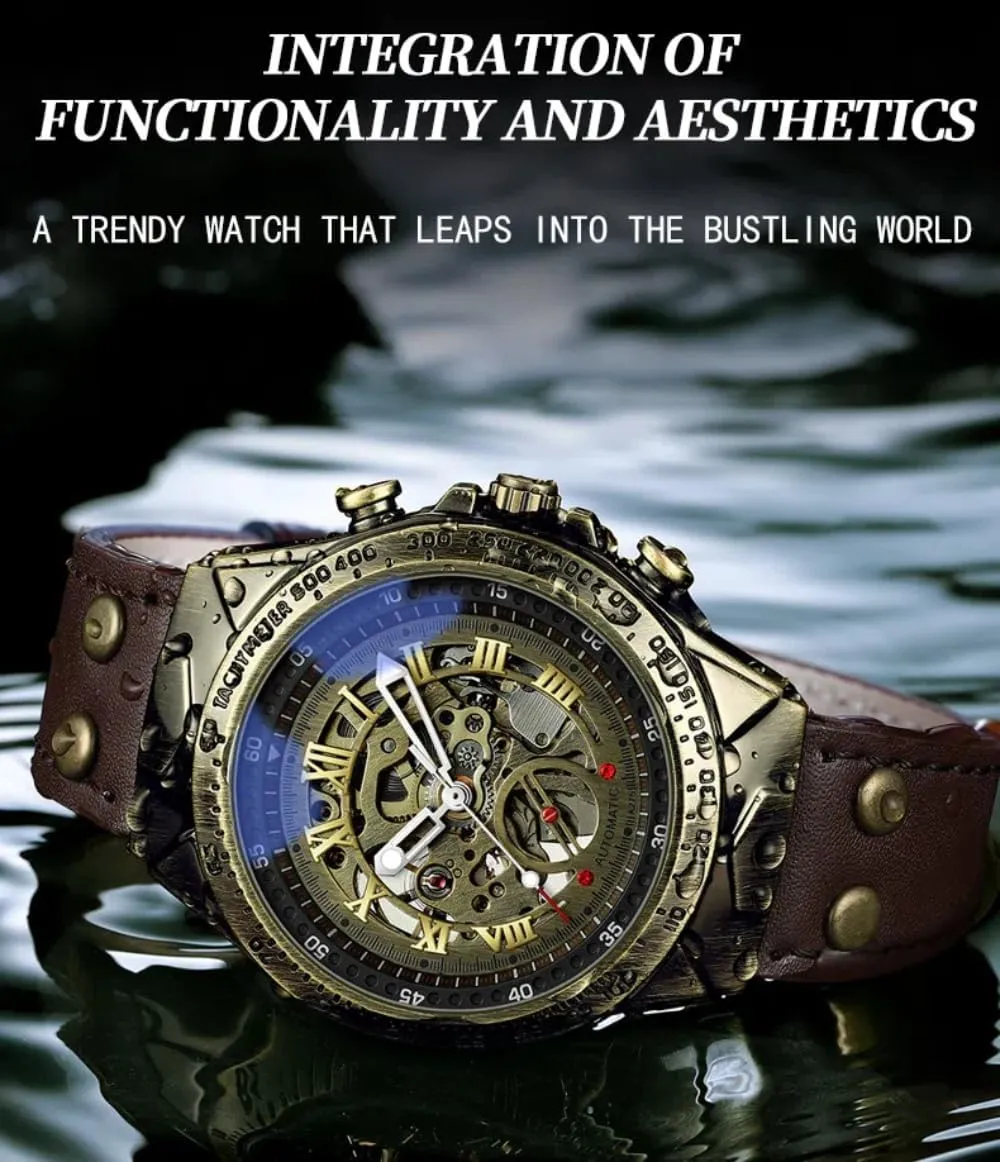 Watch 3D Vintage Roman Numeral fragment tempera Dial, Luminous Genuine Leather Strap Wristwatch Retro Bronze Bezel Automatic Mechanical Watches for Men, Luxury Steampunk Skeleton 