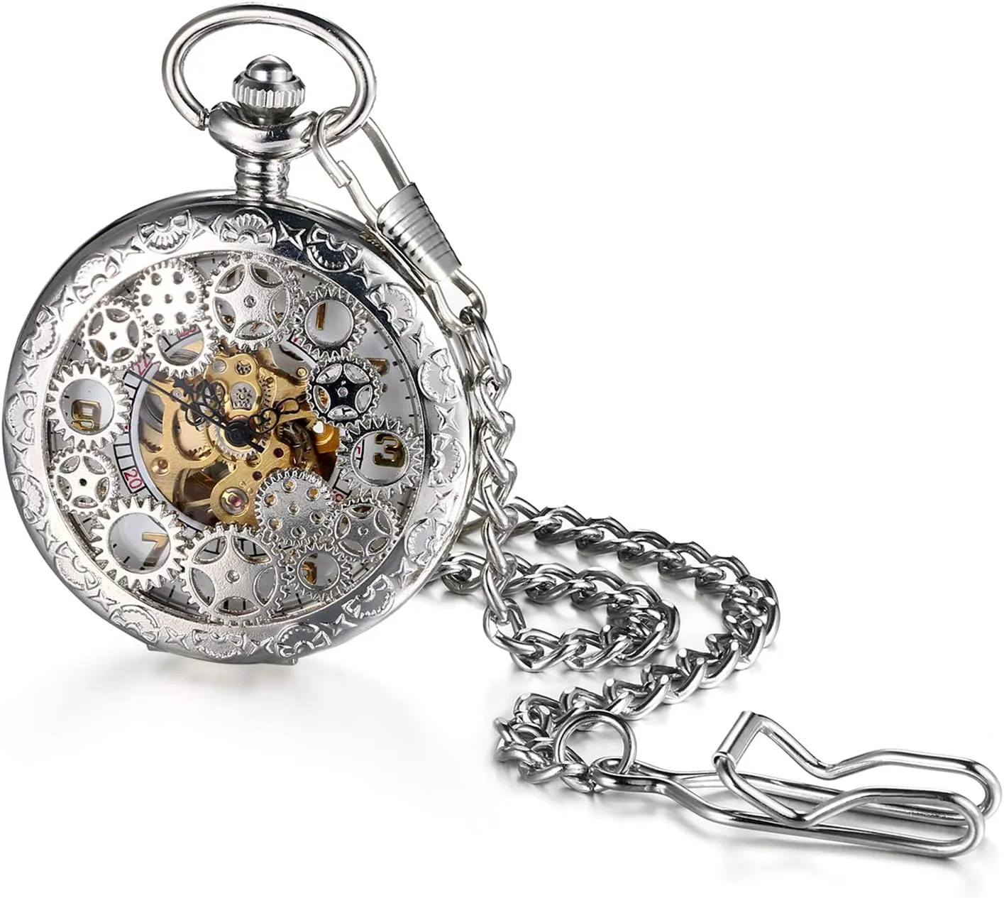 Watch adjacent with 14" Chain Avaner Steampunk Retro Half Hunter Copper Gear Skeleton Hand Wind Mechanical Roman/Arabic Numeral Analog Display Pocket 