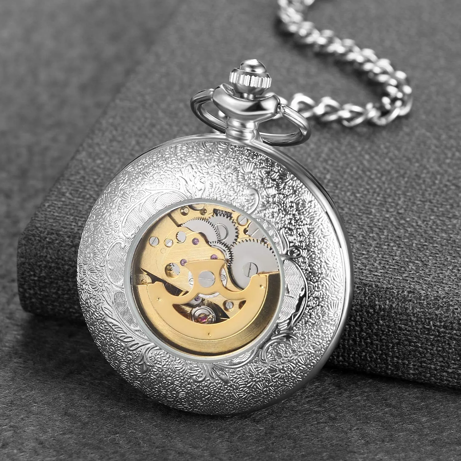 Watch adjacent with 14" Chain Avaner Steampunk Retro Half Hunter Copper Gear Skeleton Hand Wind Mechanical Roman/Arabic Numeral Analog Display Pocket 