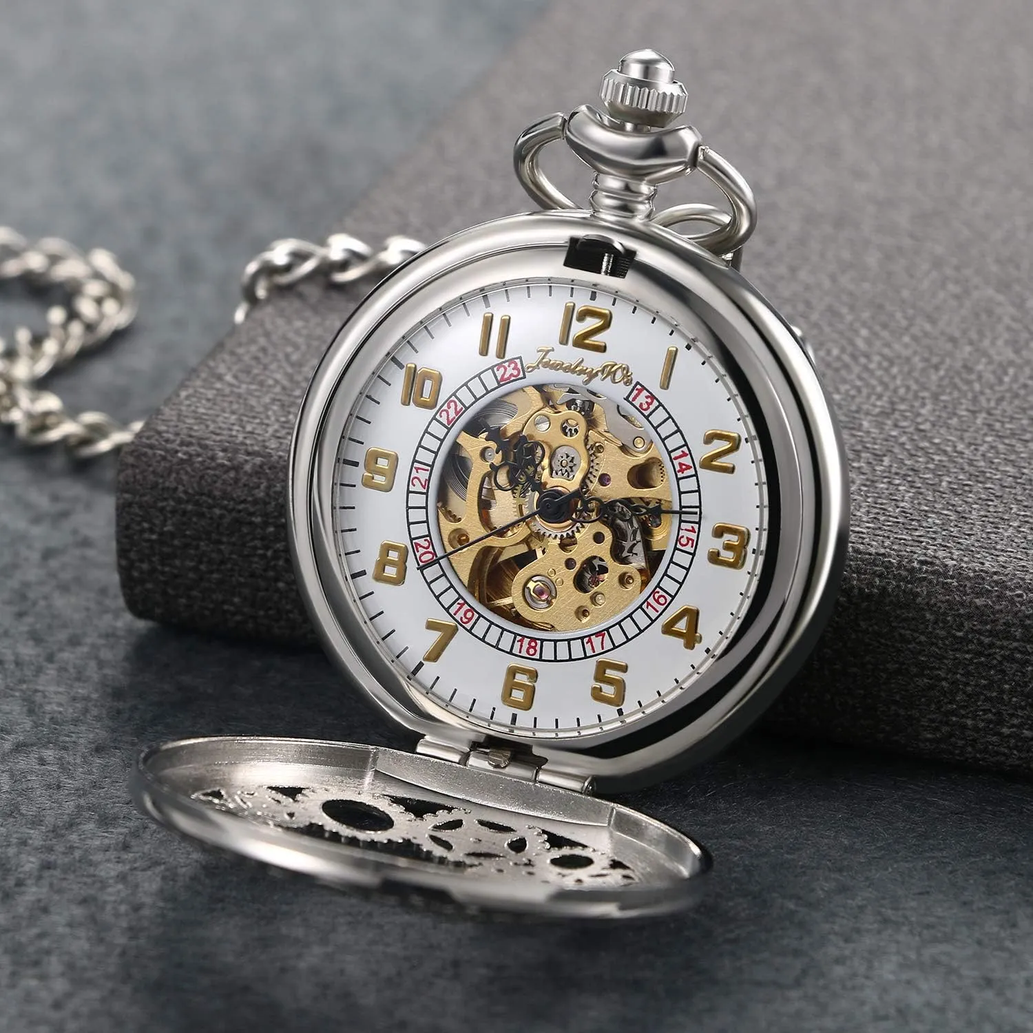 Watch adjacent with 14" Chain Avaner Steampunk Retro Half Hunter Copper Gear Skeleton Hand Wind Mechanical Roman/Arabic Numeral Analog Display Pocket 