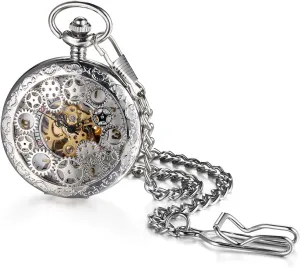 Watch adjacent with 14" Chain Avaner Steampunk Retro Half Hunter Copper Gear Skeleton Hand Wind Mechanical Roman/Arabic Numeral Analog Display Pocket 