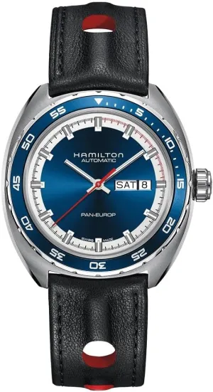 Watch American Classic Pan Europ Day Date Auto | Swiss Made | iodine 42mm Stainless Steel Case | Blue Dial Analog Watch | Black Leather Strap (Model: H35405741) Hamilton 