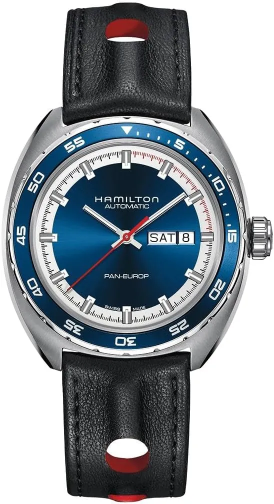 Watch American Classic Pan Europ Day Date Auto | Swiss Made | iodine 42mm Stainless Steel Case | Blue Dial Analog Watch | Black Leather Strap (Model: H35405741) Hamilton 