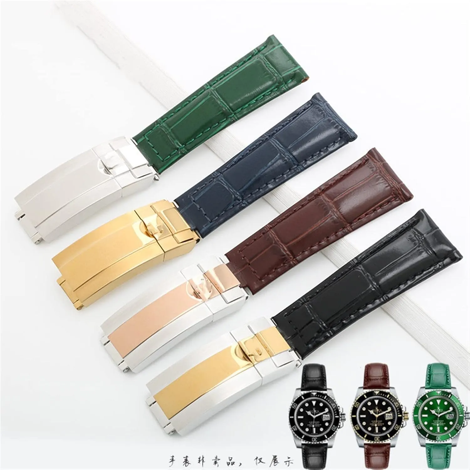 Watch Band, Black Genuine Leather Strap For Rolex Water Ghost cry invert calve tribal Daytona Yacht Logtype Green Leather Bracelet 20mm Butterfly Buckle 