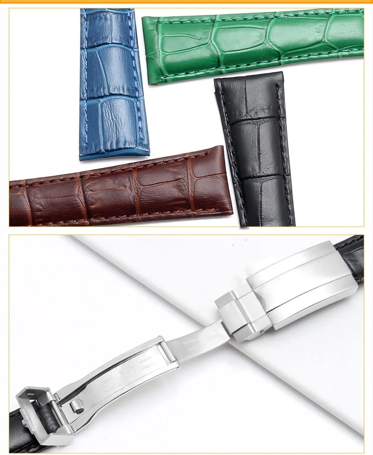 Watch Band, Black Genuine Leather Strap For Rolex Water Ghost cry invert calve tribal Daytona Yacht Logtype Green Leather Bracelet 20mm Butterfly Buckle 