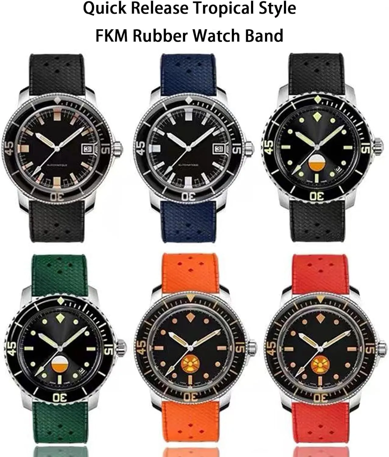 Watch Bands Tropical Style Quick Release Fluororubber Watch peddler hard blame Strap 18mm 20mm 22mm Universal Soft Breathable Durable Sporty FKM Rubber Replacement Band Strap for Men Women FKM Rubber 