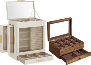 Watch Box Bundle, continuity Jewelry Organizer, Watch Display Case, Glass Window Lid, Side Drawers, Cloud White, Metallic Gold and Rustic Walnut UJBC162W01 and UJOW008K01 SONGMICS 5-Layer Jewelry Box and 8-Slot 