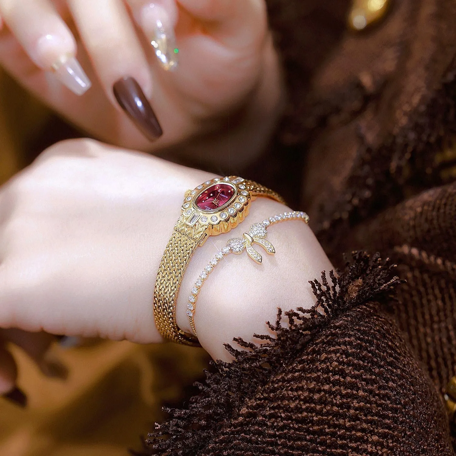 Watch ?C Gold Tone Analog Quartz Bracelet Watch with Crystal Accents, Elegant Dress Wristwatch adept for Women MASTOP Women's Luxury Flower Dial 