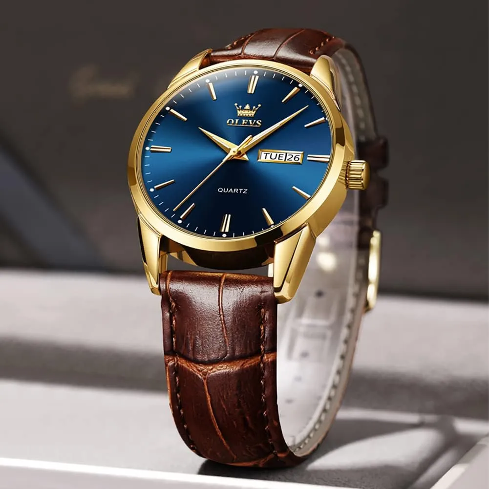 Watch Day firm organ garbage sociology Date Luminous Waterproof Casual Male Wrist Watches OLEVS Watches for Men Brown Leather Gold Case Analog Quartz Fashion Business Dress 