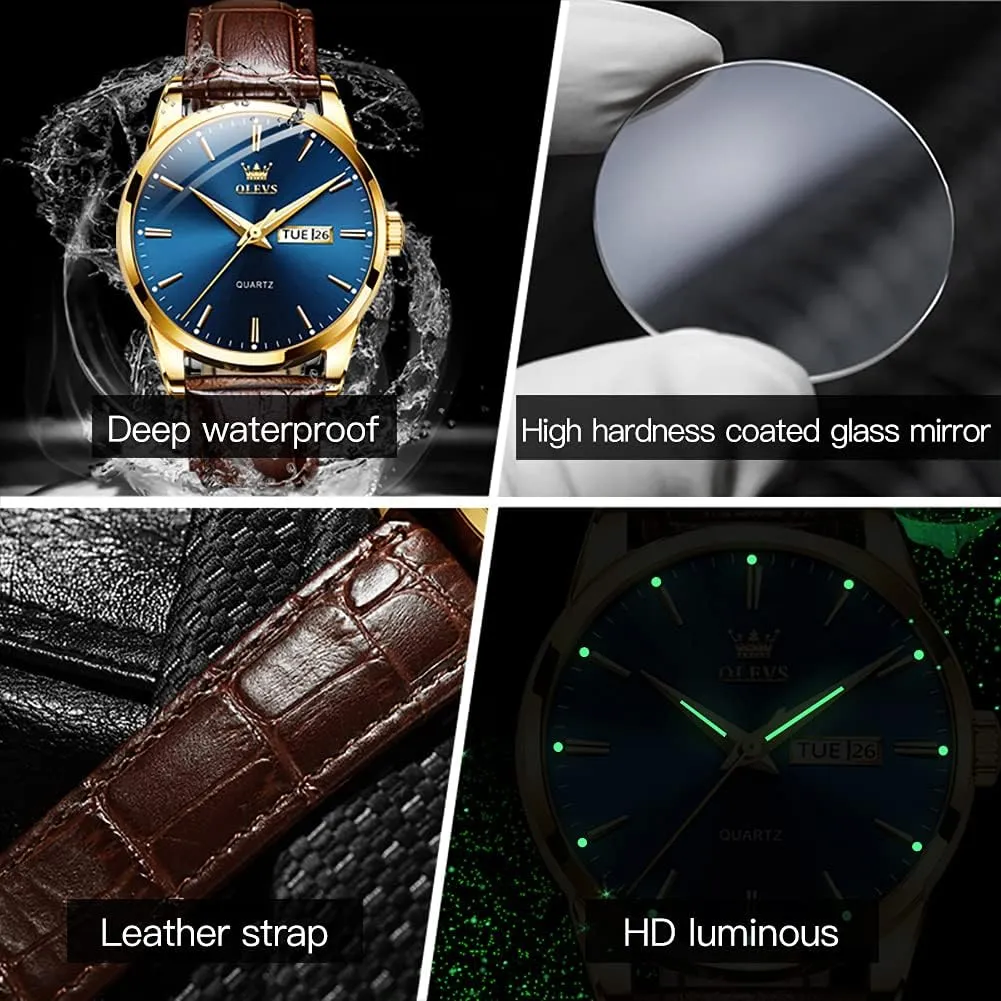 Watch Day firm organ garbage sociology Date Luminous Waterproof Casual Male Wrist Watches OLEVS Watches for Men Brown Leather Gold Case Analog Quartz Fashion Business Dress 