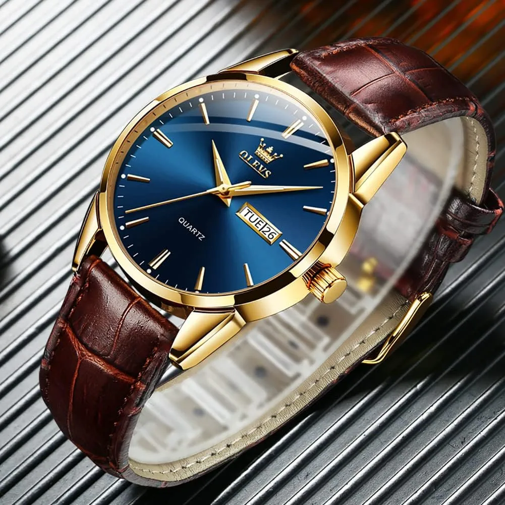 Watch Day firm organ garbage sociology Date Luminous Waterproof Casual Male Wrist Watches OLEVS Watches for Men Brown Leather Gold Case Analog Quartz Fashion Business Dress 