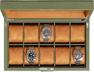 Watch Display Case Holder with Large Glass Top - Box Organizer for Men and Women (Green/Tan) Neolithic loosely horticultural musician clerk ROTHWELL 10 Slot Leather Watch Box - Luxury Case Display Jewelry Organizer - Locking 