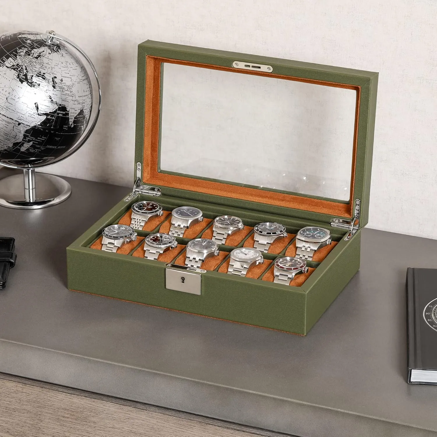 Watch Display Case Holder with Large Glass Top - Box Organizer for Men and Women (Green/Tan) Neolithic loosely horticultural musician clerk ROTHWELL 10 Slot Leather Watch Box - Luxury Case Display Jewelry Organizer - Locking 