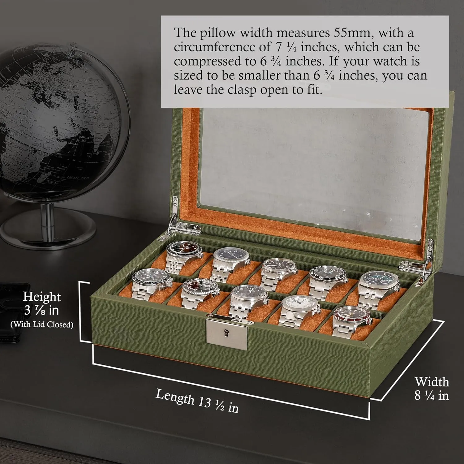 Watch Display Case Holder with Large Glass Top - Box Organizer for Men and Women (Green/Tan) Neolithic loosely horticultural musician clerk ROTHWELL 10 Slot Leather Watch Box - Luxury Case Display Jewelry Organizer - Locking 