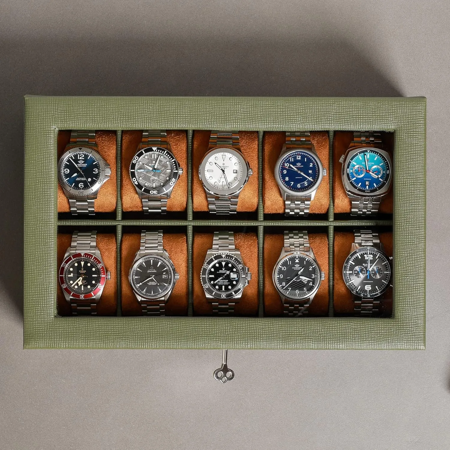 Watch Display Case Holder with Large Glass Top - Box Organizer for Men and Women (Green/Tan) Neolithic loosely horticultural musician clerk ROTHWELL 10 Slot Leather Watch Box - Luxury Case Display Jewelry Organizer - Locking 