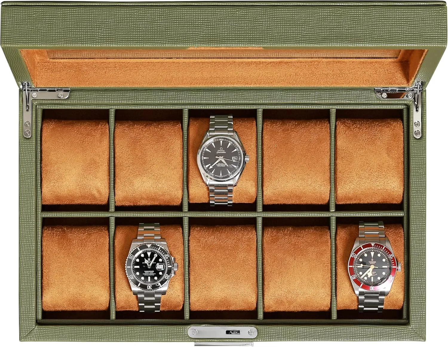 Watch Display Case Holder with Large Glass Top - Box Organizer for Men and Women (Green/Tan) Neolithic loosely horticultural musician clerk ROTHWELL 10 Slot Leather Watch Box - Luxury Case Display Jewelry Organizer - Locking 