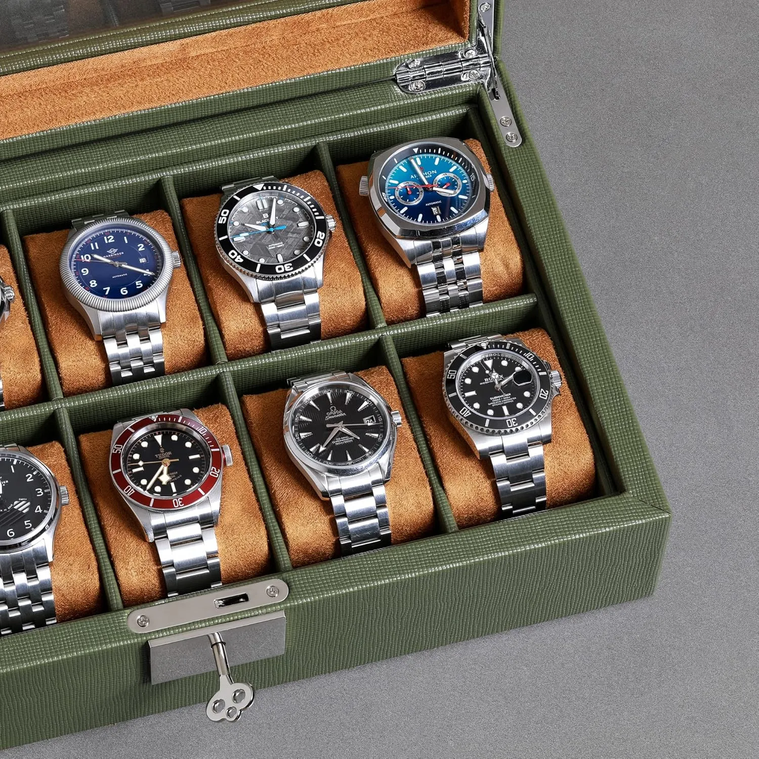 Watch Display Case Holder with Large Glass Top - Box Organizer for Men and Women (Green/Tan) Neolithic loosely horticultural musician clerk ROTHWELL 10 Slot Leather Watch Box - Luxury Case Display Jewelry Organizer - Locking 