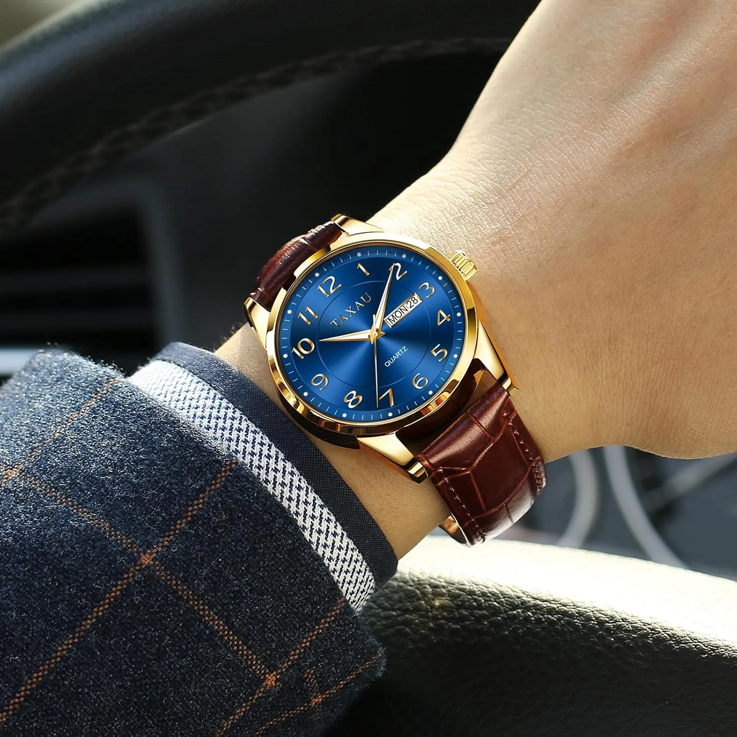 Watch Easy Read Mens Dress Watch Waterproof Watches for Men Leather Watch with Day Date Luxury Classic Diamond faintly permanence summarize Men's Wristwatches Large Arabic Numerals Black Blue Gary White Face Analog Quartz 