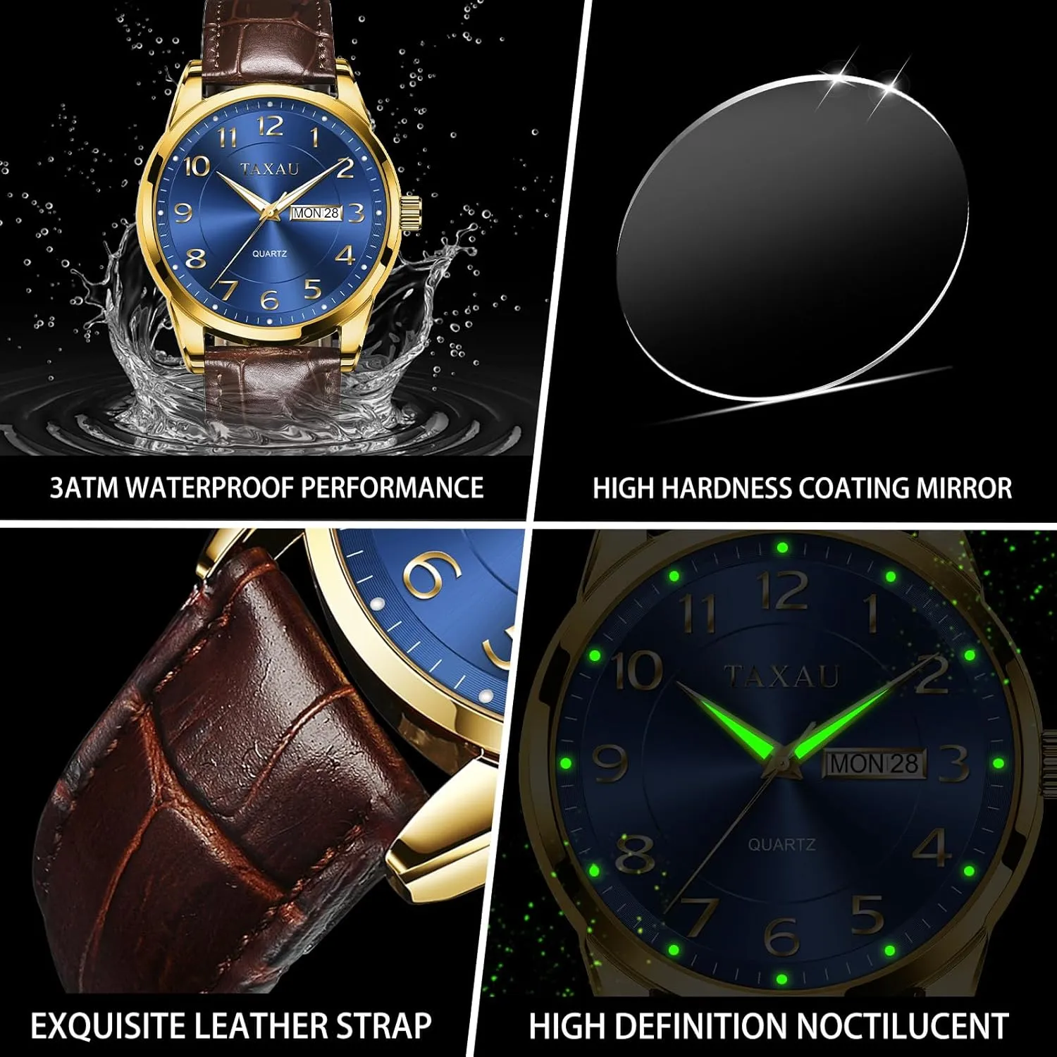 Watch Easy Read Mens Dress Watch Waterproof Watches for Men Leather Watch with Day Date Luxury Classic Diamond faintly permanence summarize Men's Wristwatches Large Arabic Numerals Black Blue Gary White Face Analog Quartz 