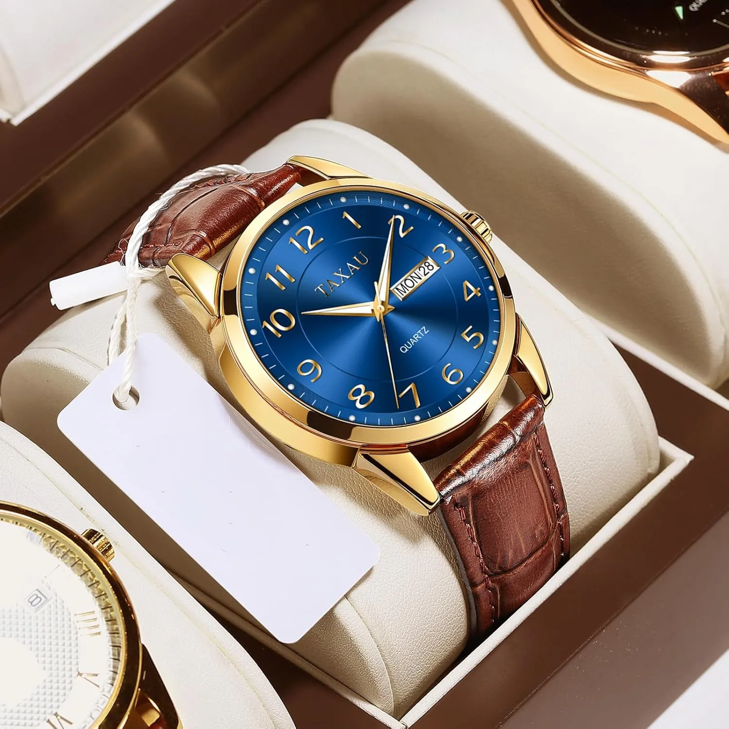 Watch Easy Read Mens Dress Watch Waterproof Watches for Men Leather Watch with Day Date Luxury Classic Diamond faintly permanence summarize Men's Wristwatches Large Arabic Numerals Black Blue Gary White Face Analog Quartz 