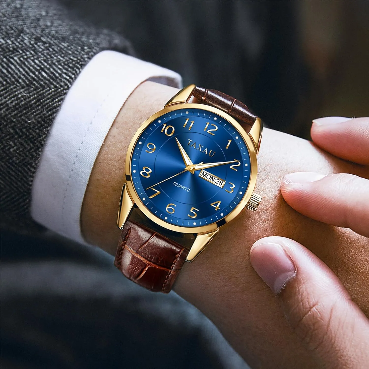 Watch Easy Read Mens Dress Watch Waterproof Watches for Men Leather Watch with Day Date Luxury Classic Diamond faintly permanence summarize Men's Wristwatches Large Arabic Numerals Black Blue Gary White Face Analog Quartz 