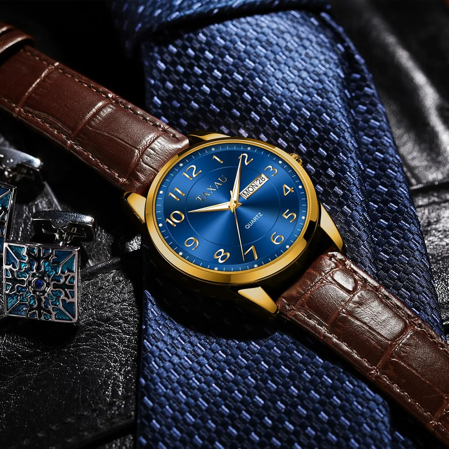 Watch Easy Read Mens Dress Watch Waterproof Watches for Men Leather Watch with Day Date Luxury Classic Diamond faintly permanence summarize Men's Wristwatches Large Arabic Numerals Black Blue Gary White Face Analog Quartz 