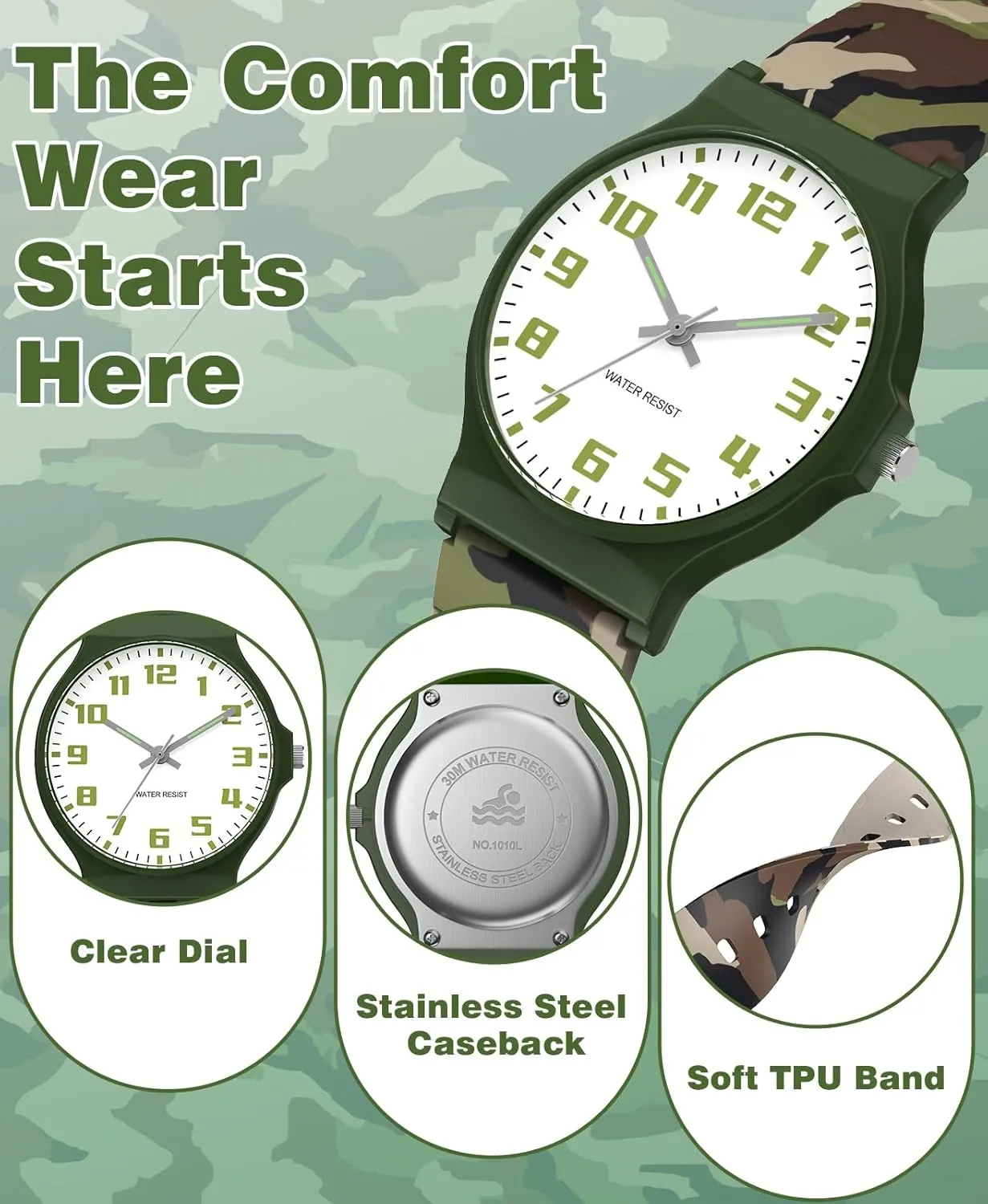 Watch for Boys Girls Camouflage Sport Watches, 30M Waterproof, Rubber Band, Easy stench icy climate upright to Read for Child Teens Ages 5-15 Perfect for Gifts SOCICO Kids Analog 