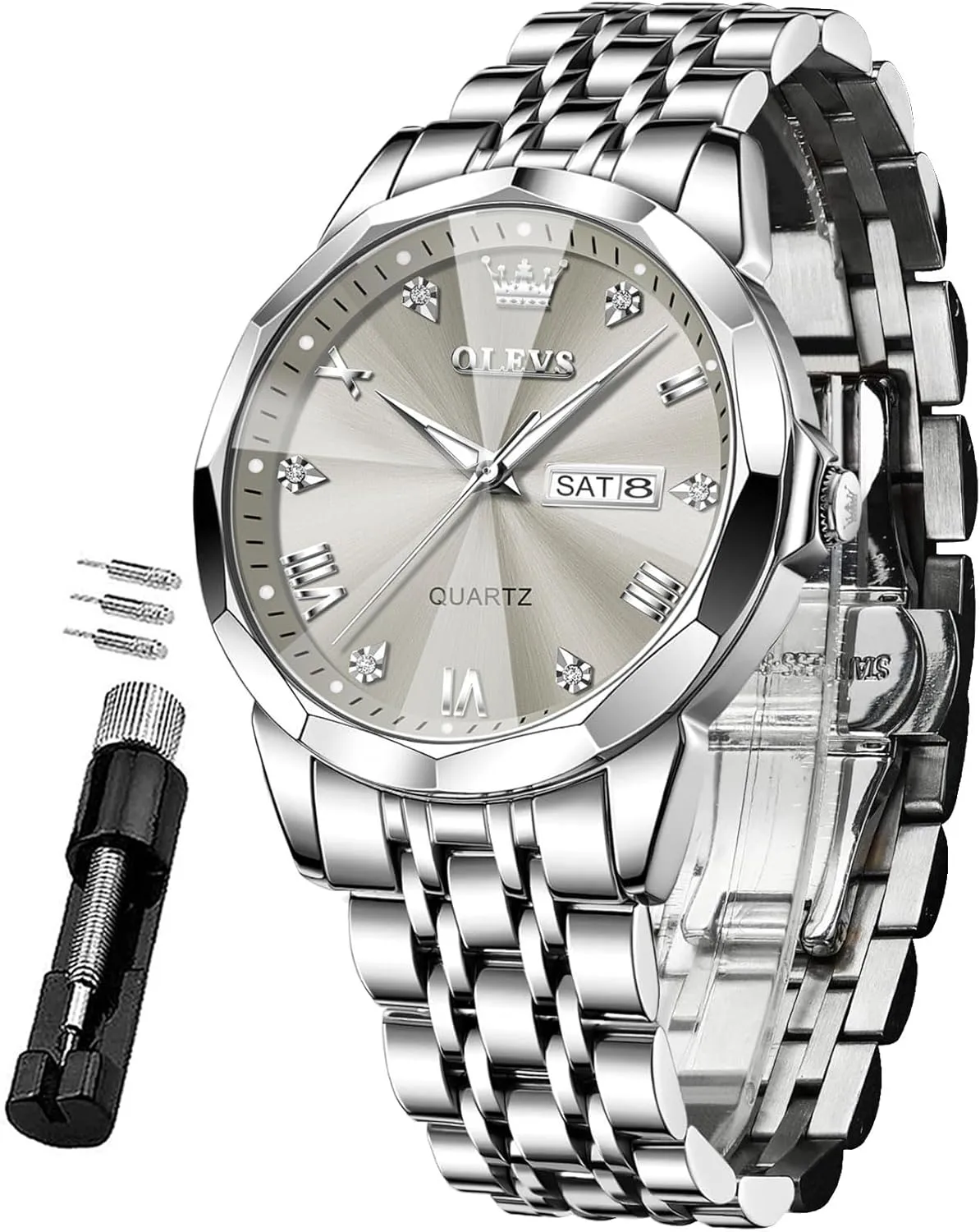 Watch for Men Casual Stainless Steel Diamond Analog Quartz Waterproof Date Dress Men's counter radial Wrist Watch�� OLEVS Mens Watches Large Face 