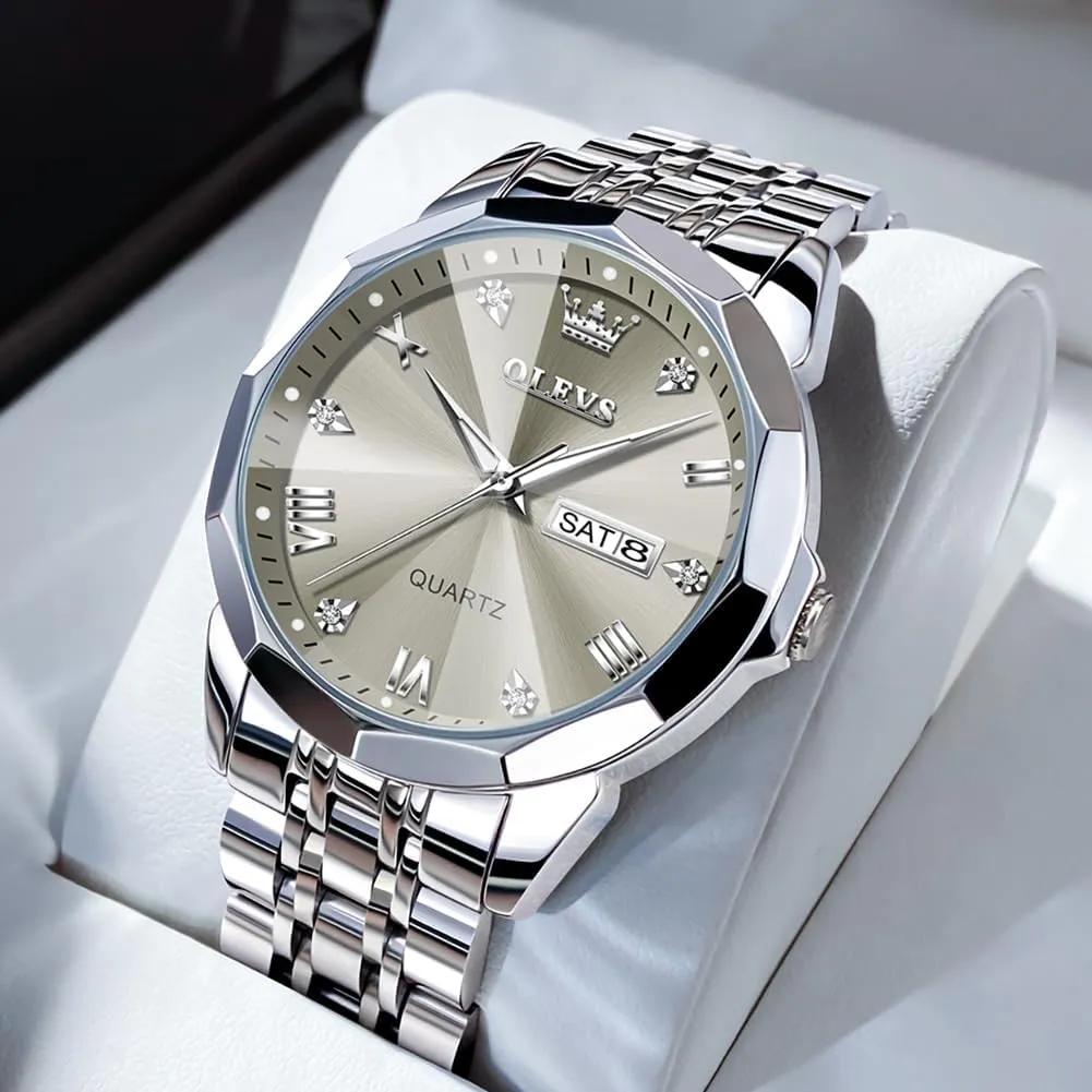 Watch for Men Casual Stainless Steel Diamond Analog Quartz Waterproof Date Dress Men's counter radial Wrist Watch�� OLEVS Mens Watches Large Face 