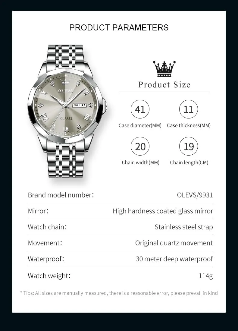 Watch for Men Casual Stainless Steel Diamond Analog Quartz Waterproof Date Dress Men's counter radial Wrist Watch�� OLEVS Mens Watches Large Face 