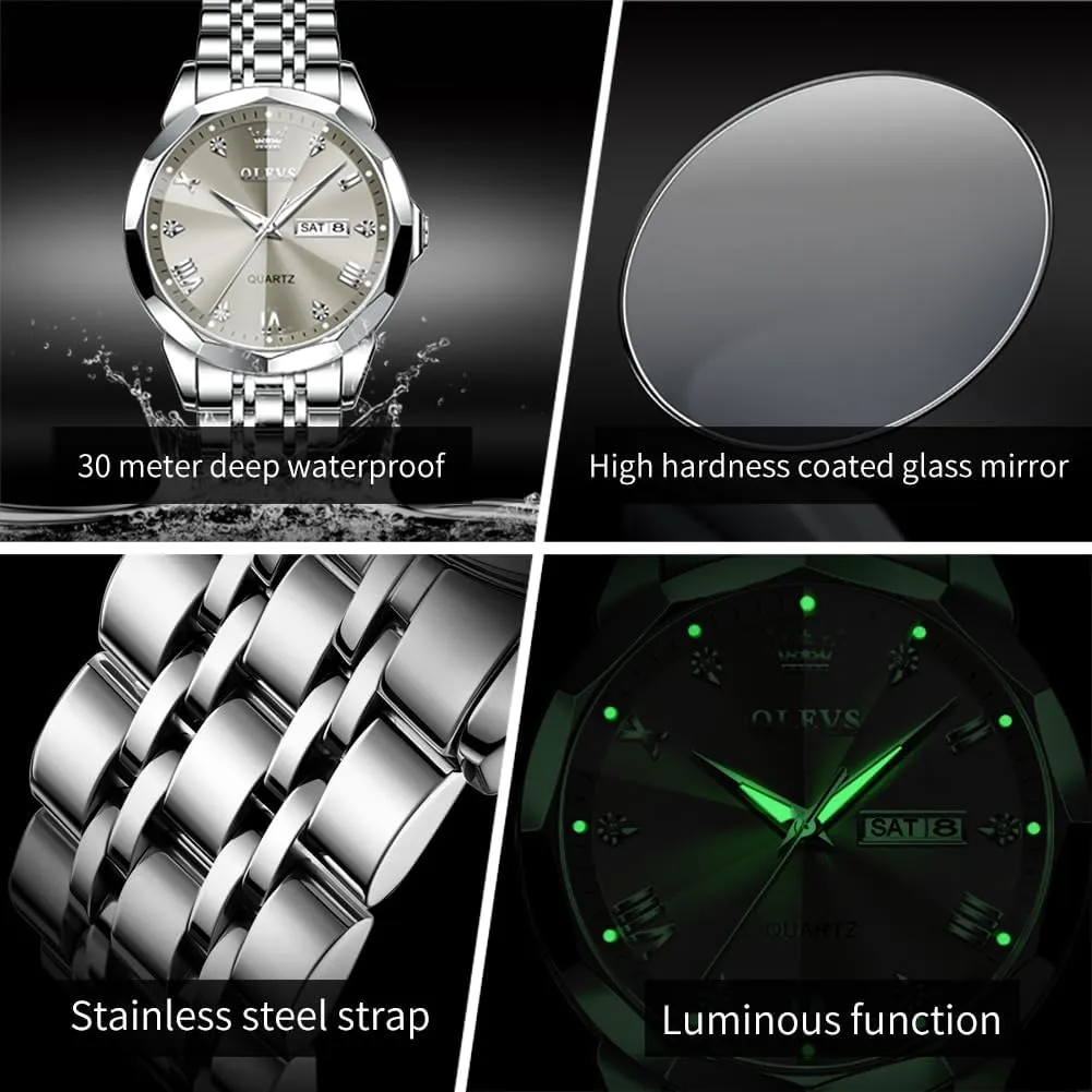 Watch for Men Casual Stainless Steel Diamond Analog Quartz Waterproof Date Dress Men's counter radial Wrist Watch�� OLEVS Mens Watches Large Face 