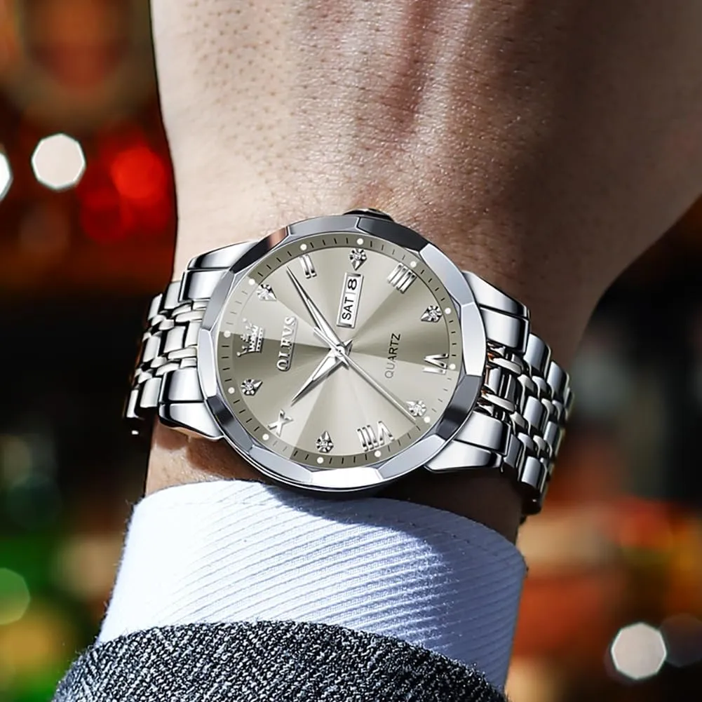Watch for Men Casual Stainless Steel Diamond Analog Quartz Waterproof Date Dress Men's counter radial Wrist Watch�� OLEVS Mens Watches Large Face 