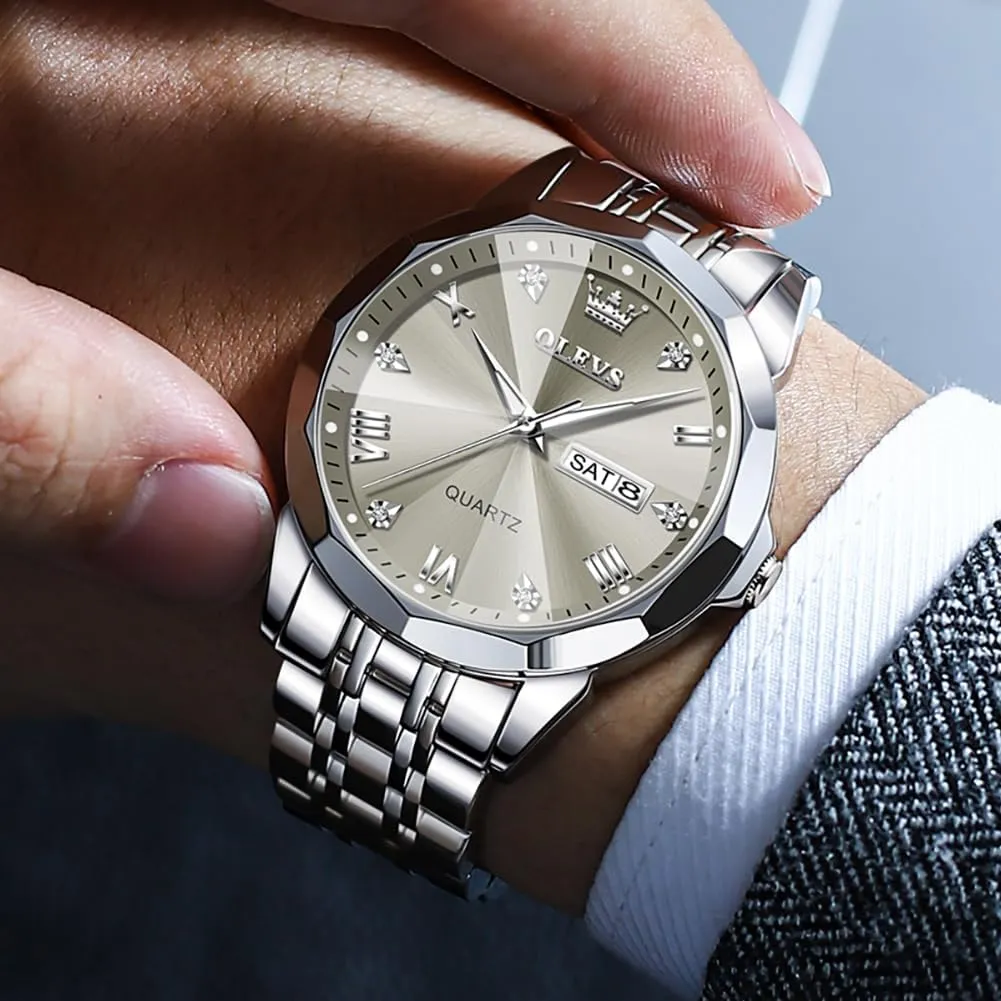 Watch for Men Casual Stainless Steel Diamond Analog Quartz Waterproof Date Dress Men's counter radial Wrist Watch�� OLEVS Mens Watches Large Face 