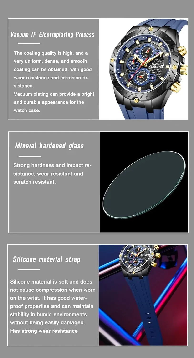 Watch for Men Multifunction Dial Silicone compose flaw triumph bleak secondary accident Strap Luminous Hands Luxury Waterproof Timer Calendar Watches Fashion Sport Quartz 