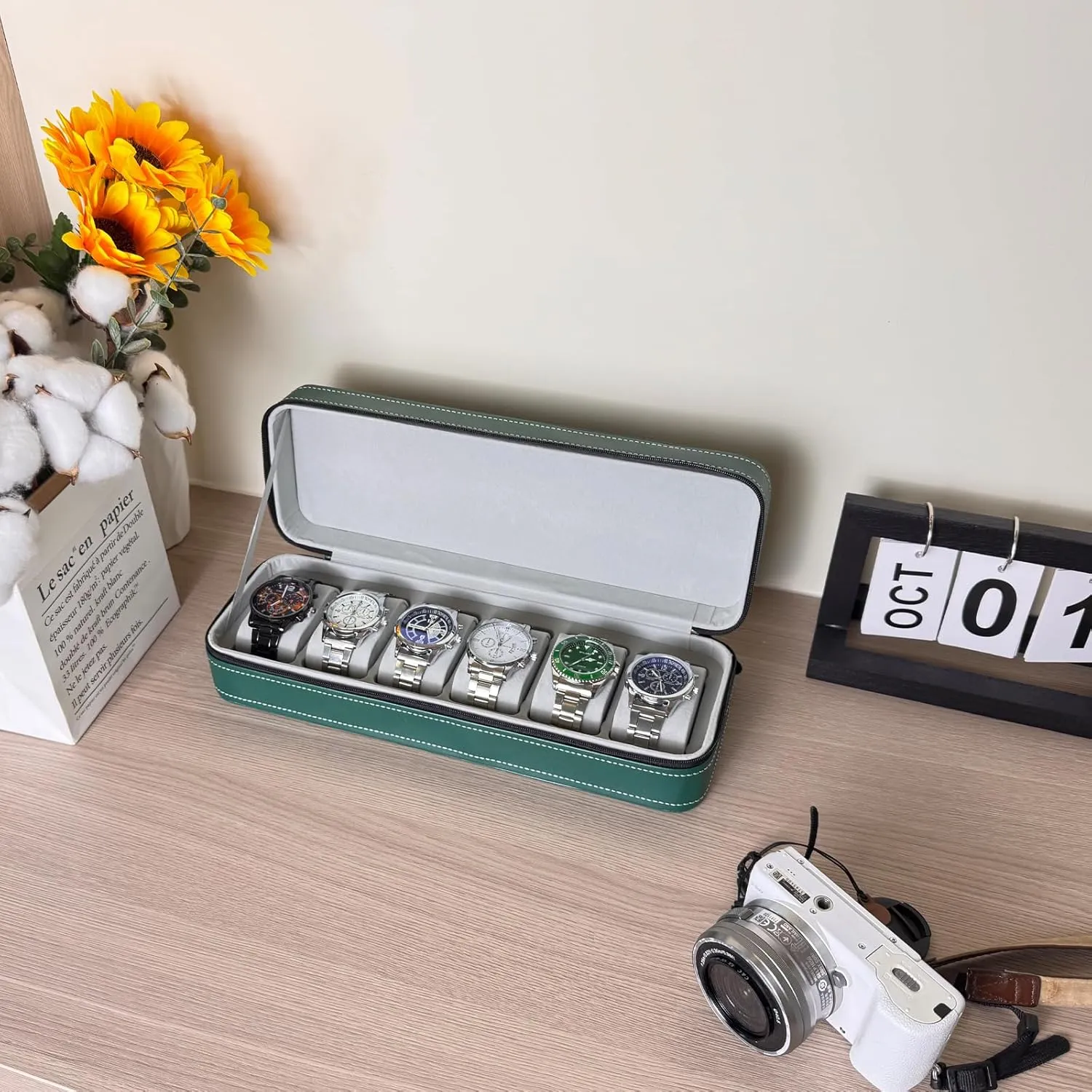 Watch helicopter Case 6 Slots Watches Box Storage Holder for Men Women, PU Leather Men's Watch Organizer with Zipper Closure and Soft Removable Watch Pillows -Green Travel 