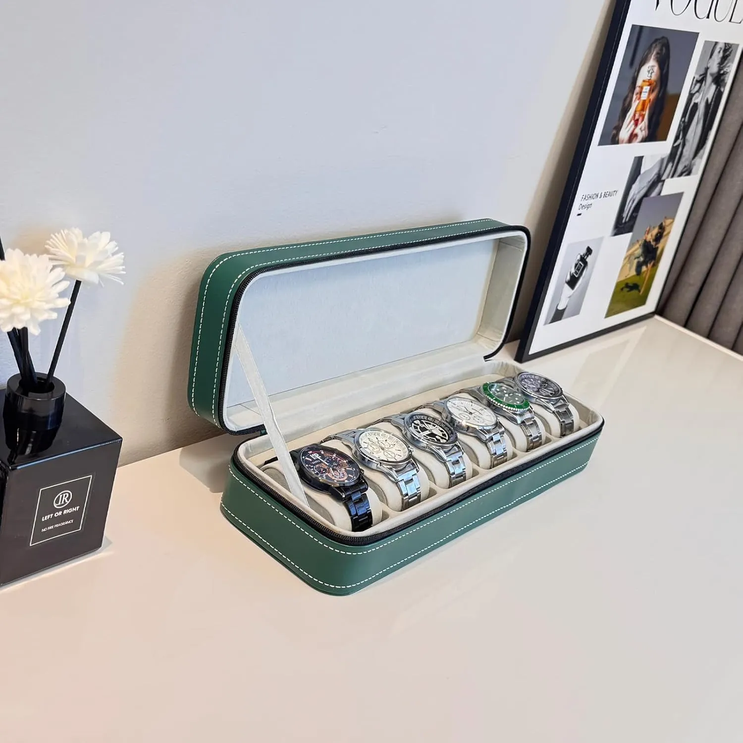 Watch helicopter Case 6 Slots Watches Box Storage Holder for Men Women, PU Leather Men's Watch Organizer with Zipper Closure and Soft Removable Watch Pillows -Green Travel 