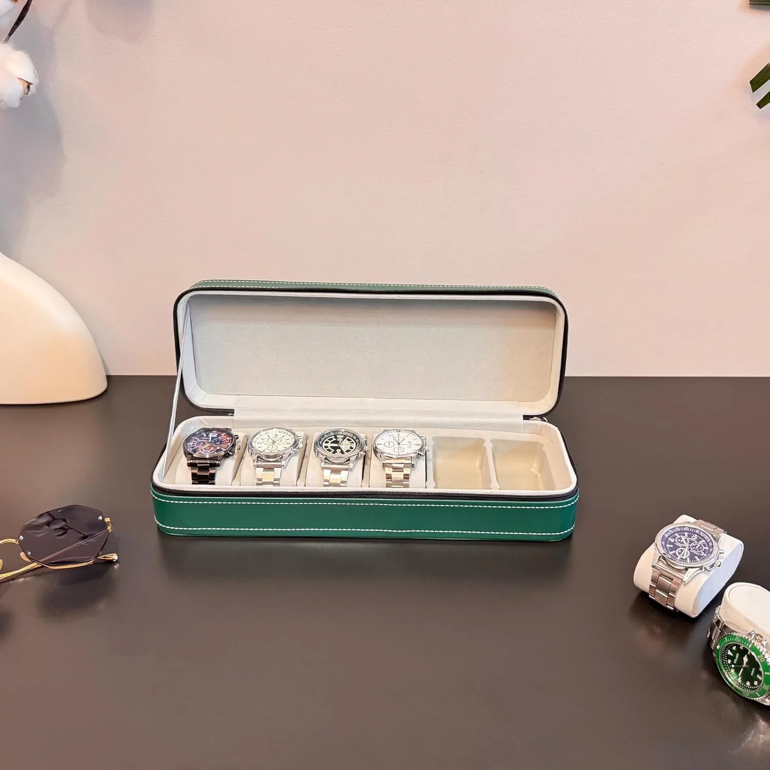 Watch helicopter Case 6 Slots Watches Box Storage Holder for Men Women, PU Leather Men's Watch Organizer with Zipper Closure and Soft Removable Watch Pillows -Green Travel 