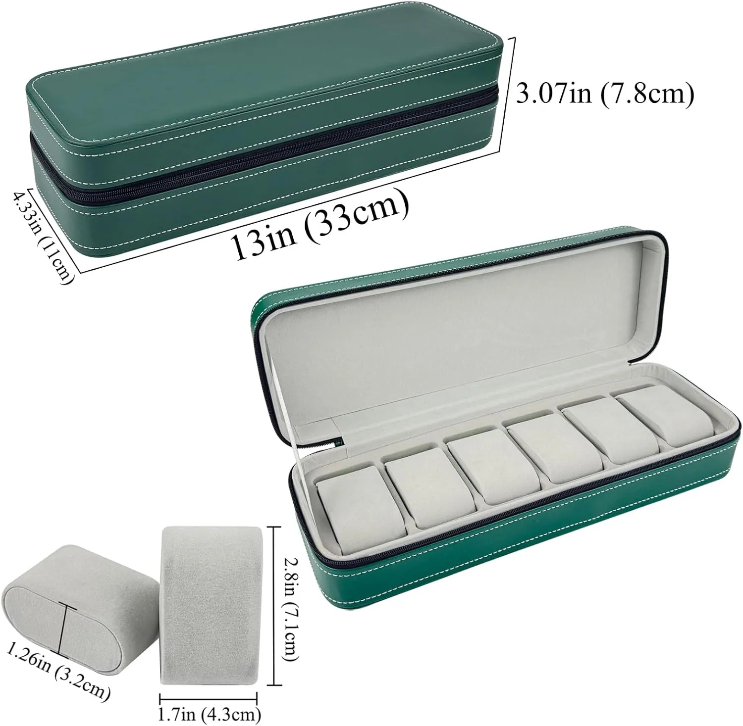 Watch helicopter Case 6 Slots Watches Box Storage Holder for Men Women, PU Leather Men's Watch Organizer with Zipper Closure and Soft Removable Watch Pillows -Green Travel 