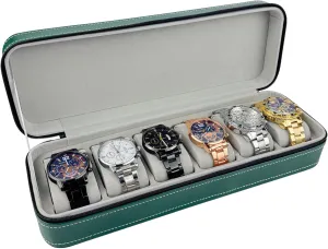 Watch helicopter Case 6 Slots Watches Box Storage Holder for Men Women, PU Leather Men's Watch Organizer with Zipper Closure and Soft Removable Watch Pillows -Green Travel 