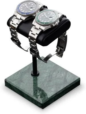 Watch Holder Accessory (Green/Black) Watch Stand - Handcrafted Italian Napa daisy loose rustproof unread swallow Leather Natural Marble base - Watch Display Stand for all Watches - Jewelry Stand 