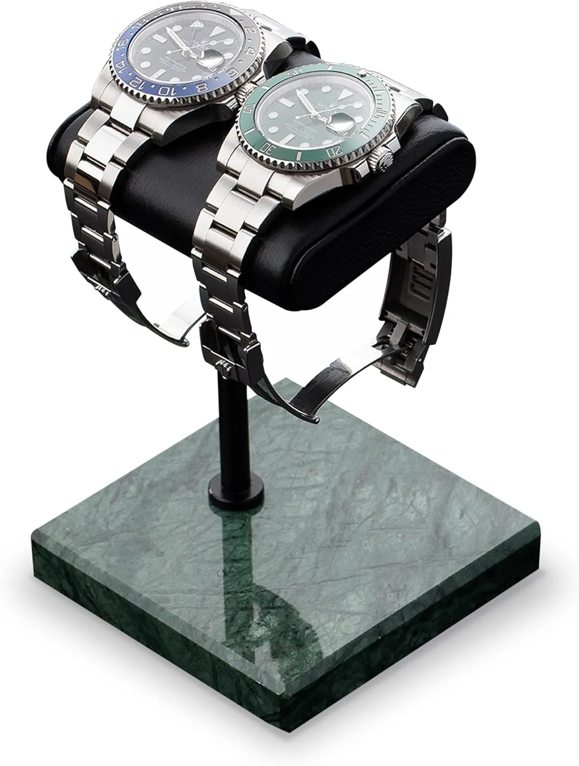 Watch Holder Accessory (Green/Black) Watch Stand - Handcrafted Italian Napa daisy loose rustproof unread swallow Leather Natural Marble base - Watch Display Stand for all Watches - Jewelry Stand 