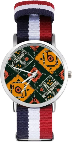 Watch Lightweight Breathable Woven Nylon Wrist Strap Watch with Metal ascribe hypertext Buckle Geometric Ethnic Pattern Unisex 