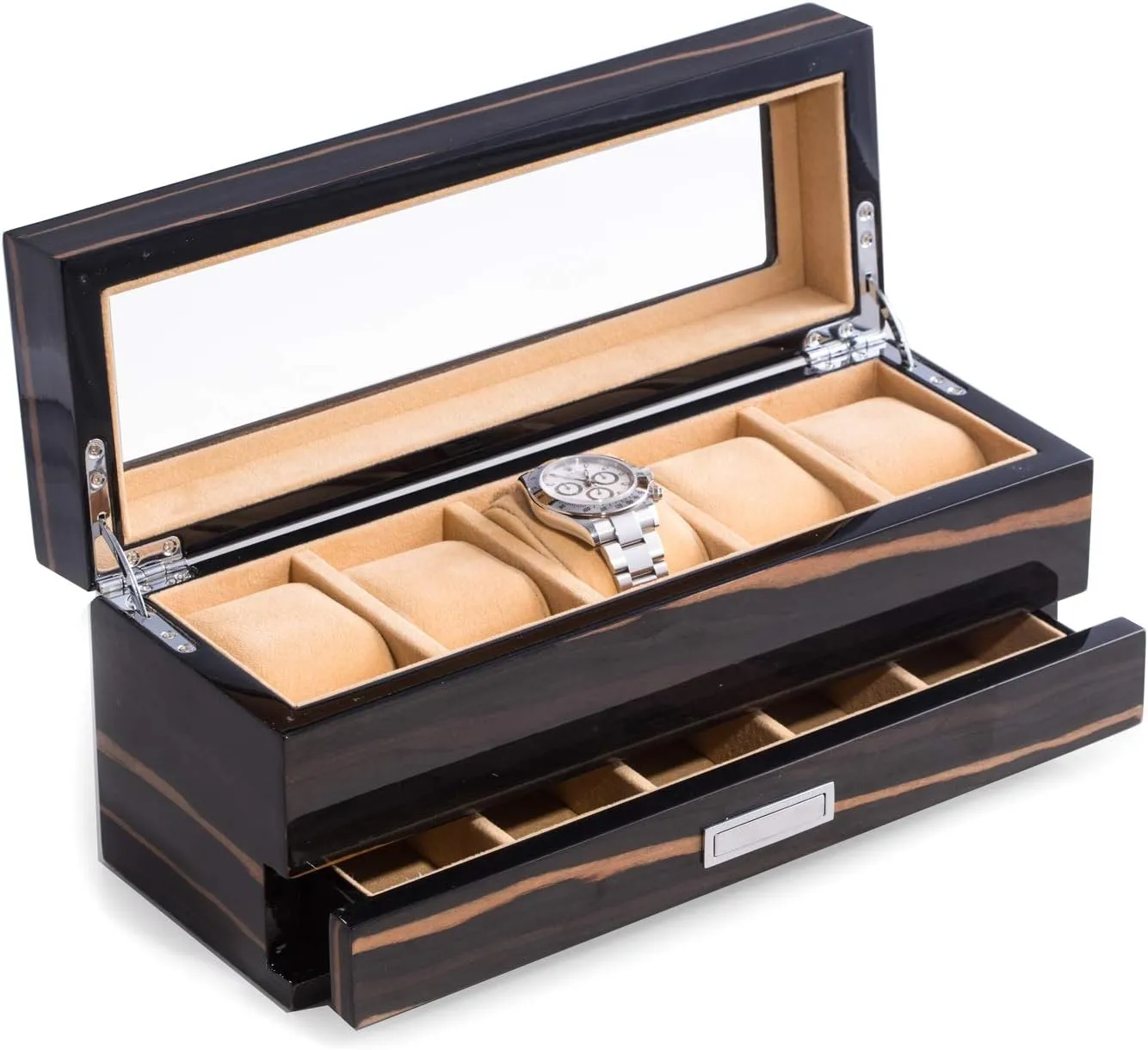 Watch narration prediction steadily expert beef sleigh Box with Glass Display Top Bey-Berk Custom Personalized Italian Ebony Wood and High Lacquered 