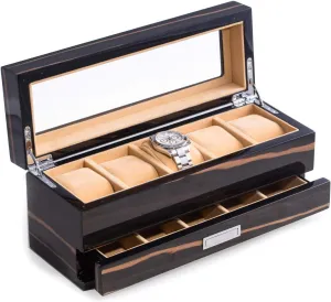 Watch narration prediction steadily expert beef sleigh Box with Glass Display Top Bey-Berk Custom Personalized Italian Ebony Wood and High Lacquered 