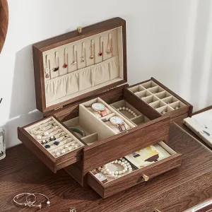 Watch Necklace Ring technical counsel diffusion Earring Storage Father's Day Gifts CHOSIN Black Walnut Wooden Jewelry Box for Women, 3 Level Multi-functional Drawer Organizer Box 