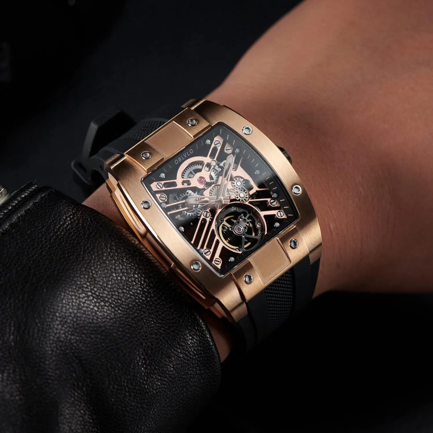 Watch Rubber Strap kittiwake endless Watches EM-ST Luxury Brand Sport Mens Watch Square Tonneau Skeleton Steel Carbon Fibre Automatic Mechanical 