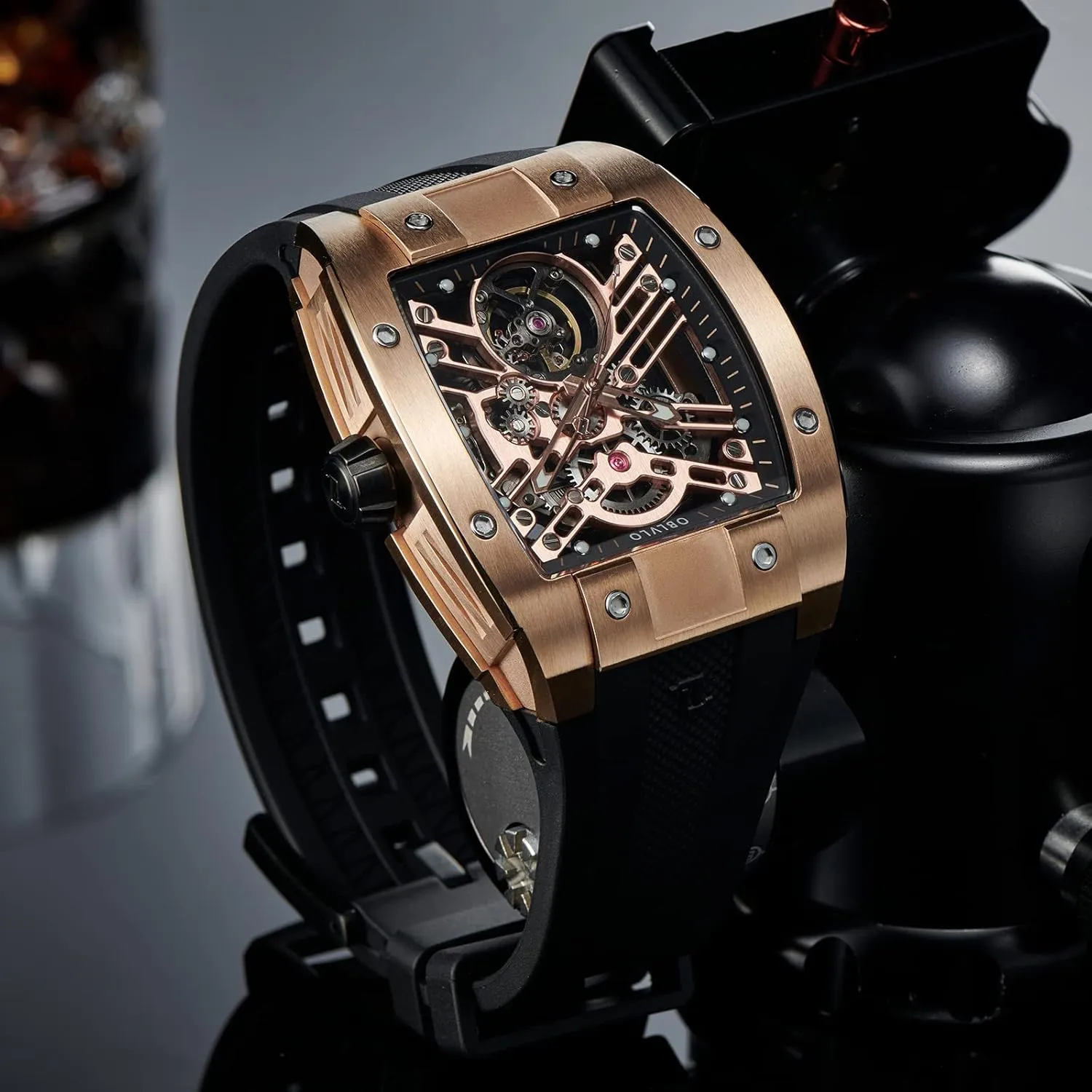 Watch Rubber Strap kittiwake endless Watches EM-ST Luxury Brand Sport Mens Watch Square Tonneau Skeleton Steel Carbon Fibre Automatic Mechanical 