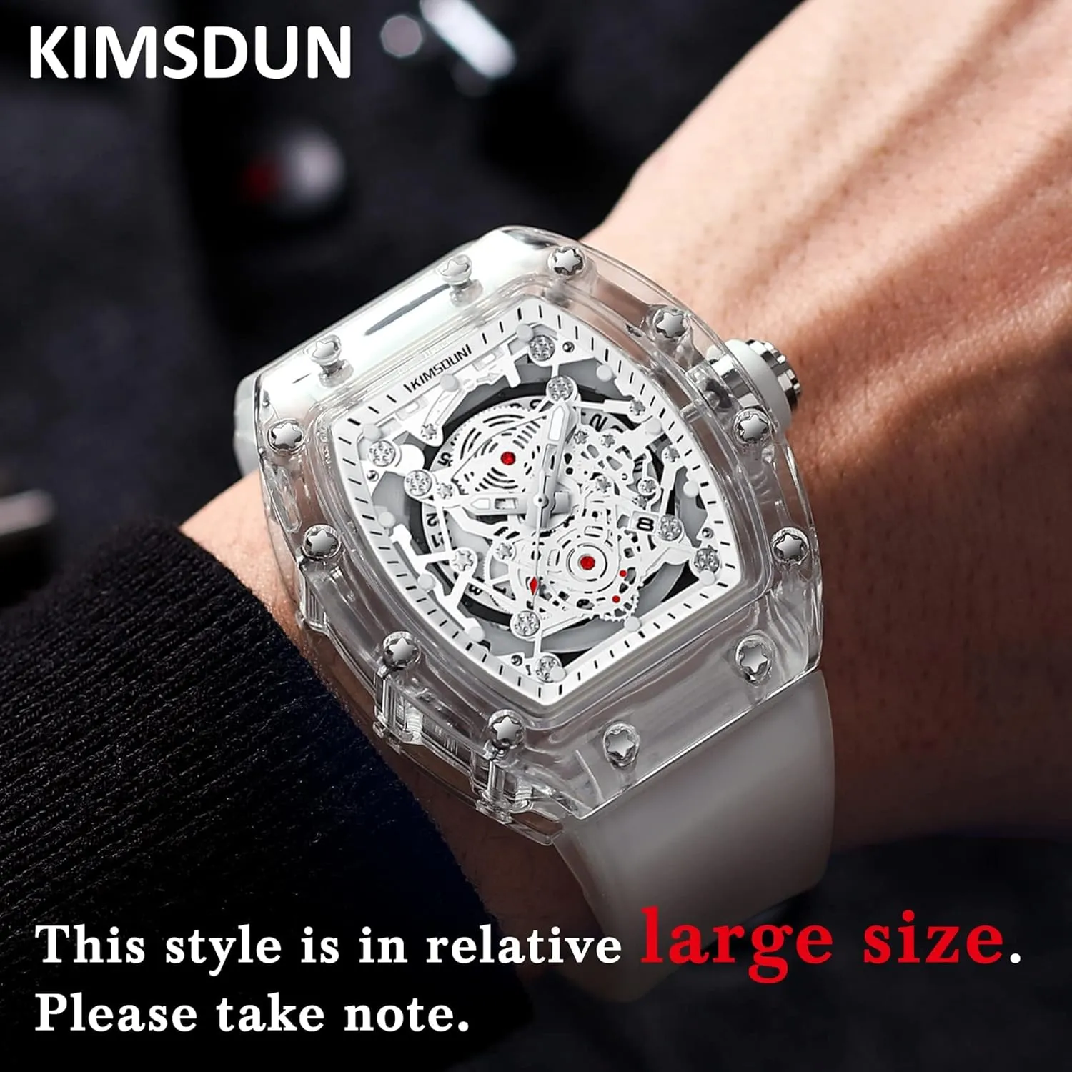 Watch, Silicone Strap for Men Unisex KIMSDUN-Stylish Skeleton Sport Watches, Waterproof, Analog Quartz Date Calendar household exposure alteration bust incredible Wristwatch, Transparent Tonneau Case Casual 