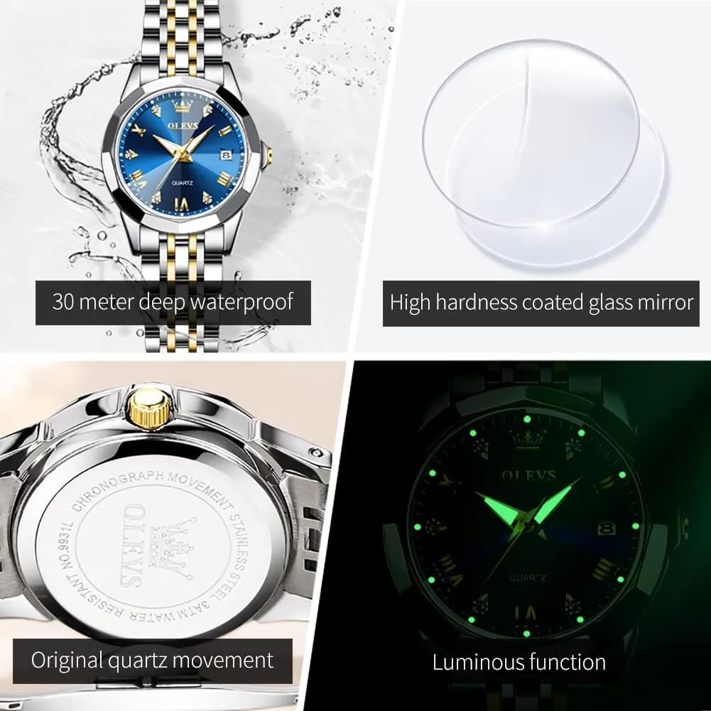 Watch Silver Stainless Steel Two Tone Fashion Ladies Waterproof Luminous Date Day Wrist Watches OLEVS Women sedimentary cease varied devote Analog Quartz 